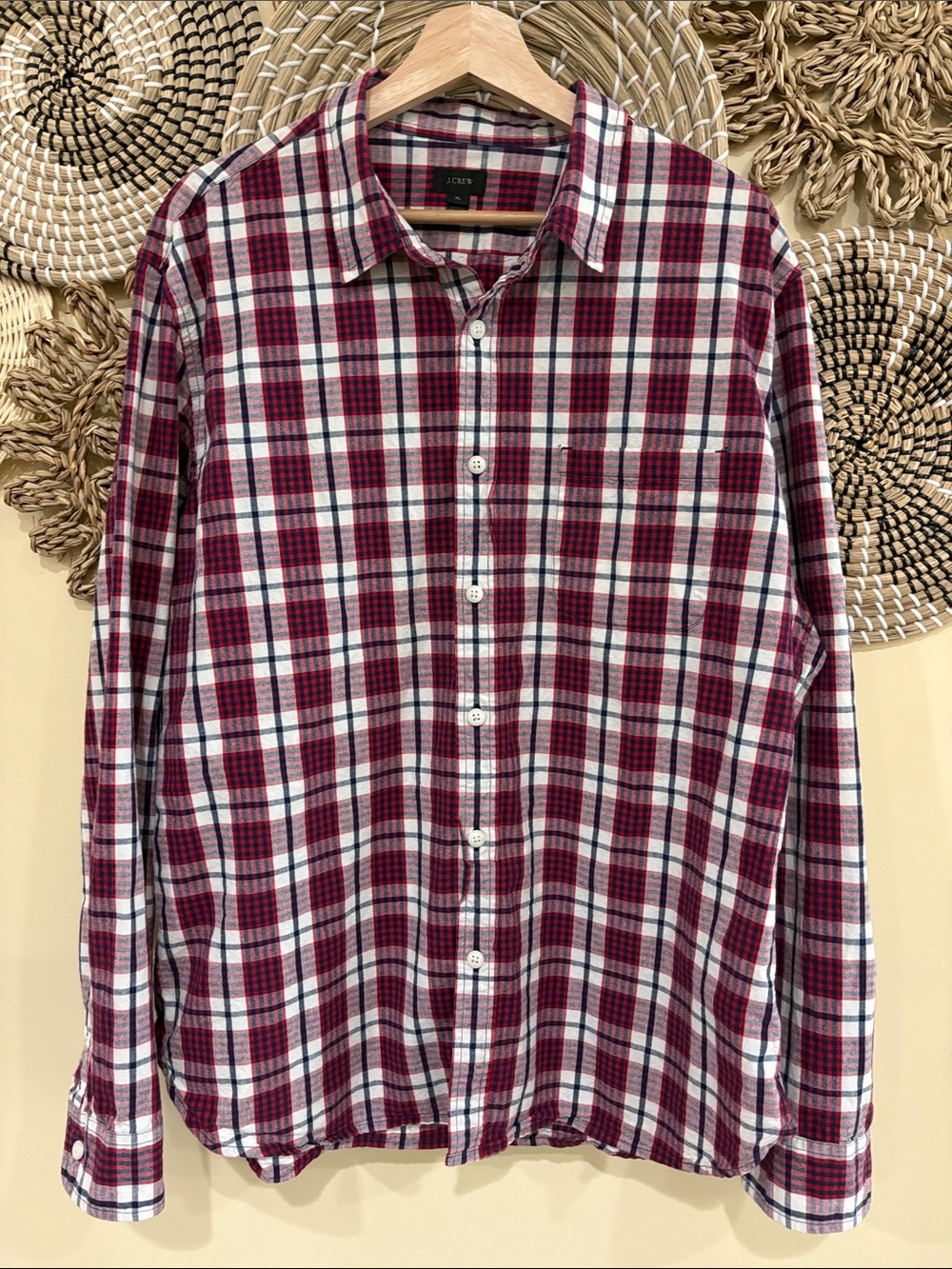 J. Crew Plaid Button Up Shirt Sz XL. Red white & blue. Heavyweight